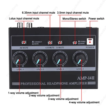 4-Kanalni Ojačevalnik Stereo Slušalke Neodvisni Nadzor Glasnosti Z Napajalnim Adapterjem Za Polnjenje Audio6.35 mm 3,5 mm Stereo Mešalnik