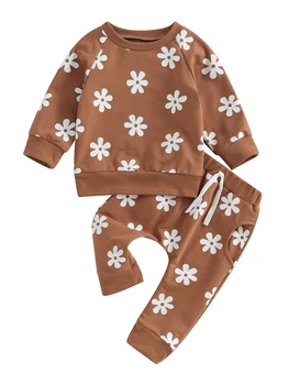 Bowanadacles - Conjunto de 2 piezas par bebés y niñas otoño e invierno ropa de cuello redondo sudadera con cintura